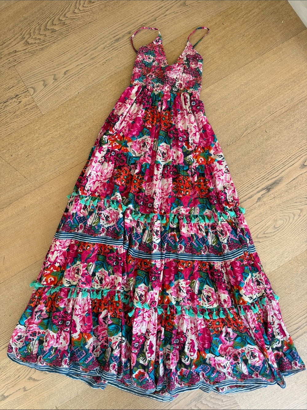 Floral Pink Tiered Maxi Dress with Smocked Bodice by Antica Satoria